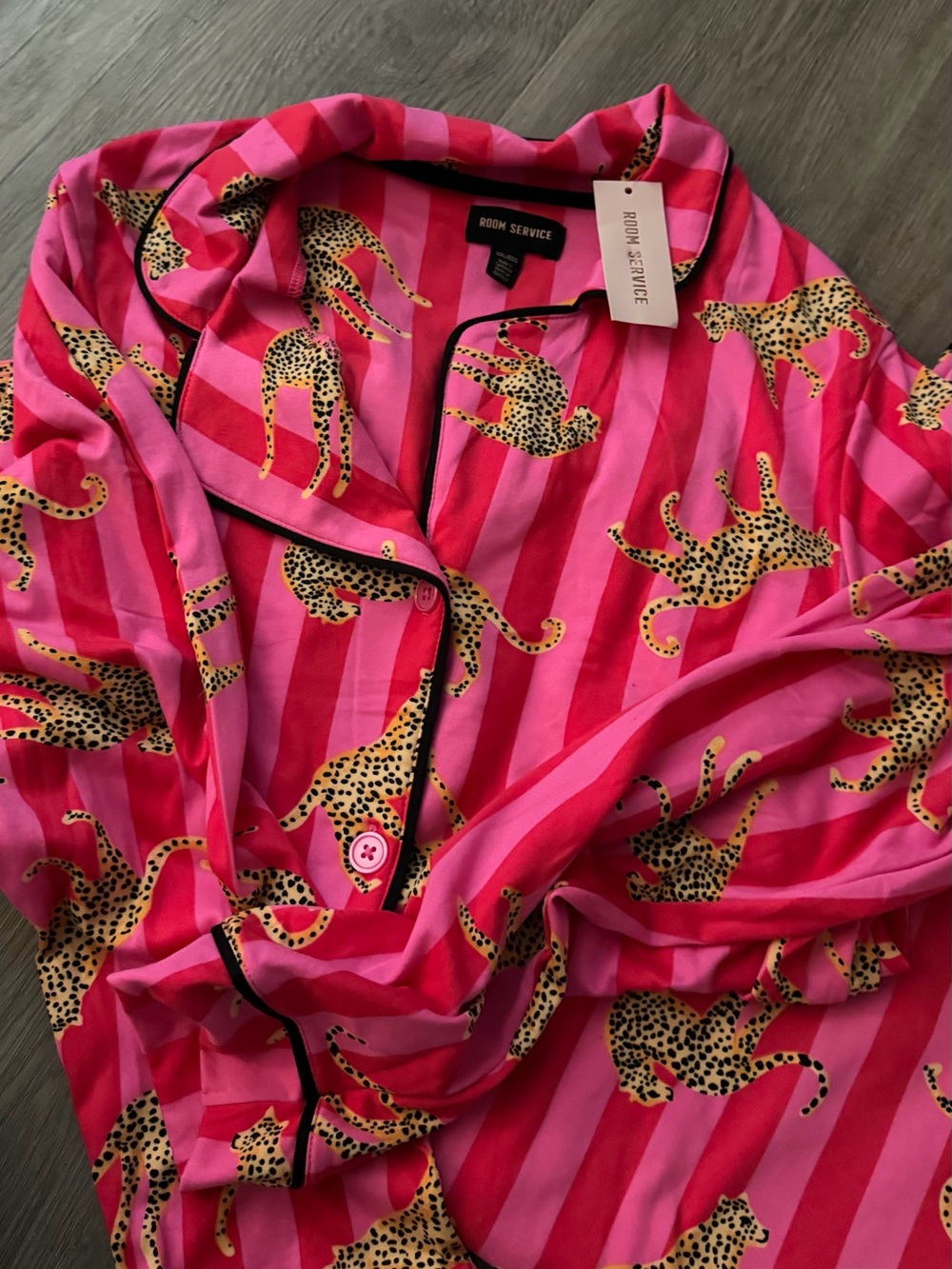 Room Service Pink Striped Leopard-Print Pajama Top